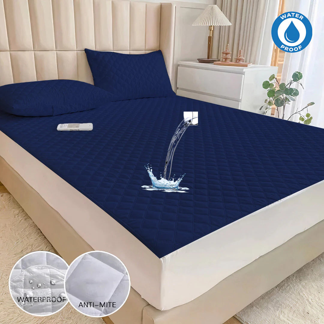 Cotton Quilted Waterproof Mattress Cover - Dark Blue